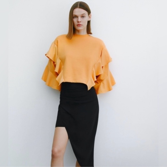 Zara Ruffle Tiered Layered Long Sleeve Crop Top Orange Women’s Small Sweater - Picture 2 of 11